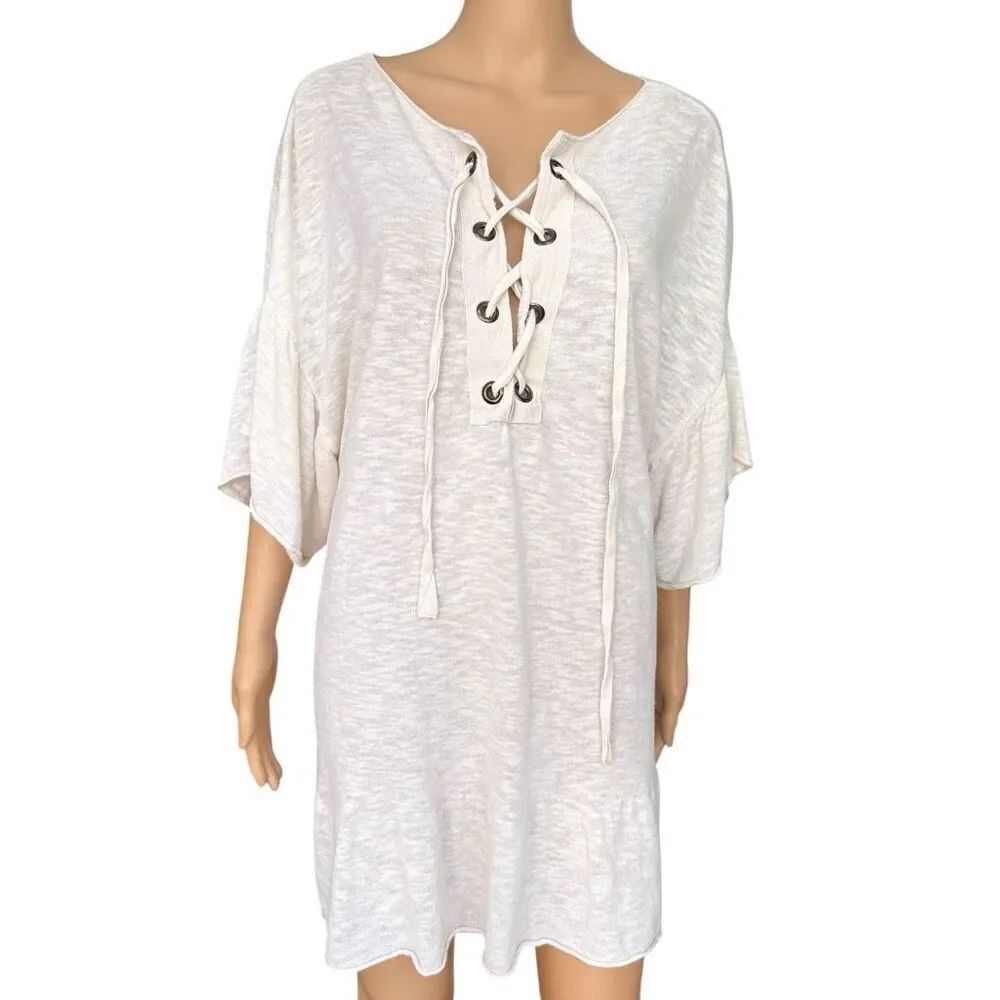 Zara Knit beige Tie Front Cotton blend cover up oversized Dress size S